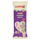 Packaging of Lopito - Fizzy Rainbow Belts - 150g featuring colorful candy illustrations and labels that highlight its vegan and gluten-free attributes.